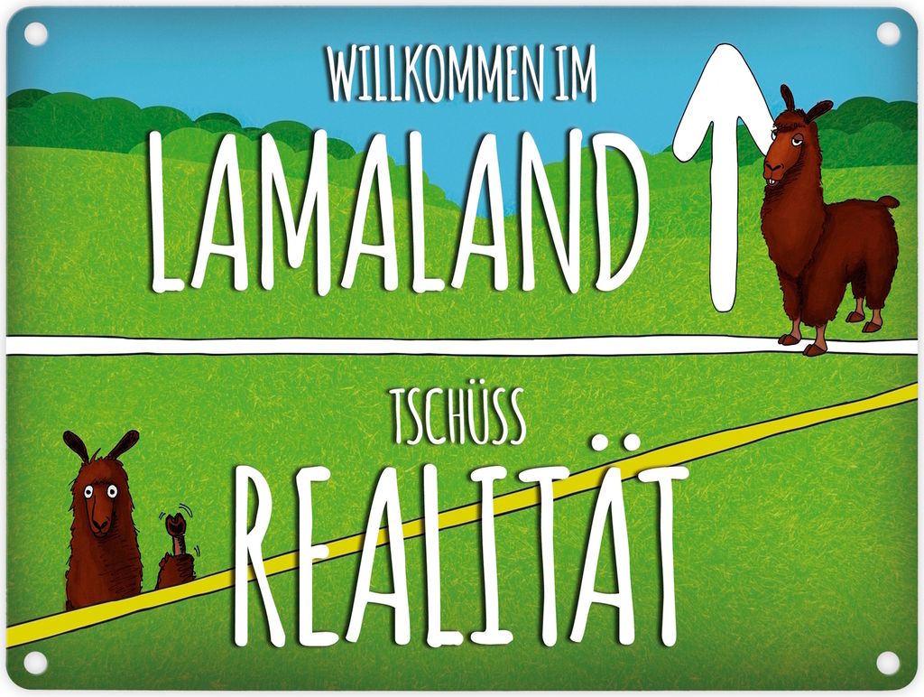 Metallschild mit Lama Motiv und Spruch: Willkommen im Produktbild 