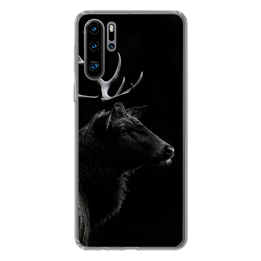 MuchoWow Handyhülle Schutzhülle Hülle für Huawei P30 Pro Hirsch - Schwarz - Porträt - Geweih - Tiere Silikon Softcase Handy Hülle - Schutzd...