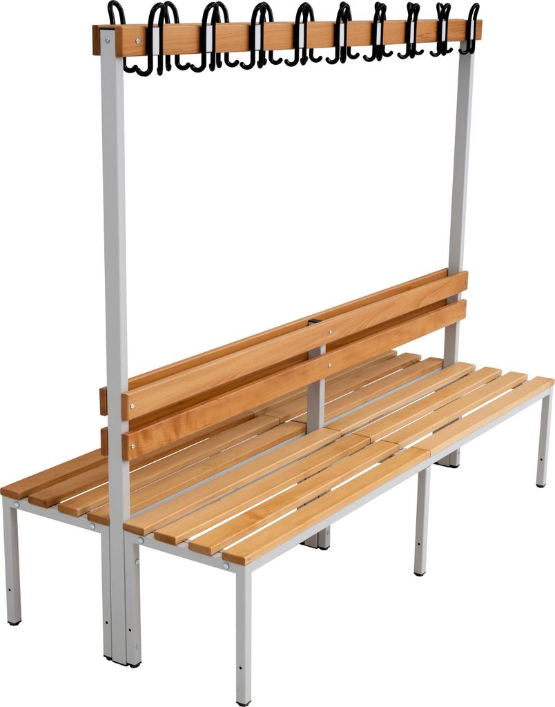 Umkleidesitzbank 2-seitig – Hakenleiste, Hartholz, , Farbe:Grau, Größe:200 cm Doppelseitig