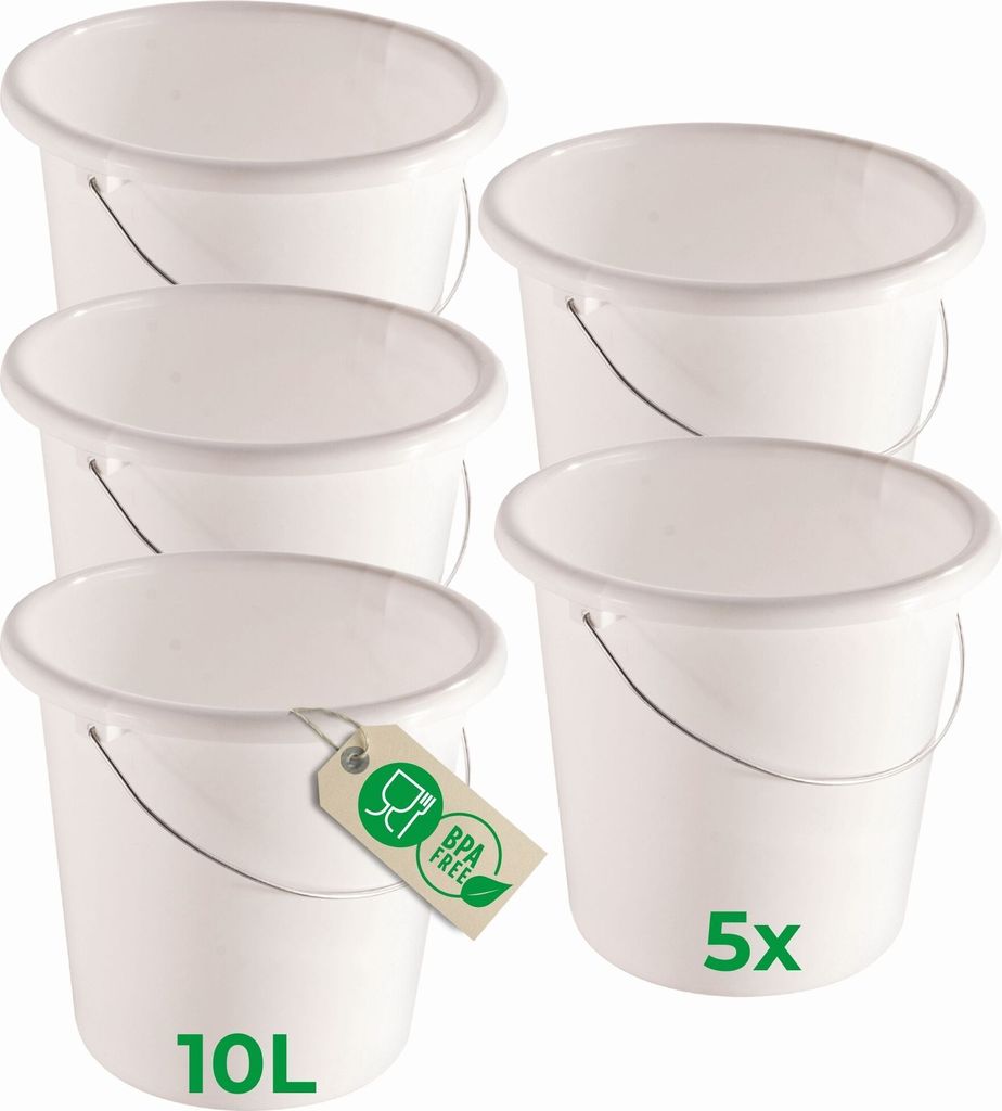 Novaliv 5 Stück Eimer 10L Weiß mit Maßeinteilung - Putzeimer 10 Liter 28,5 cm Praktischer Allrounder mit Skala für Haushalt & Garten ideal ...