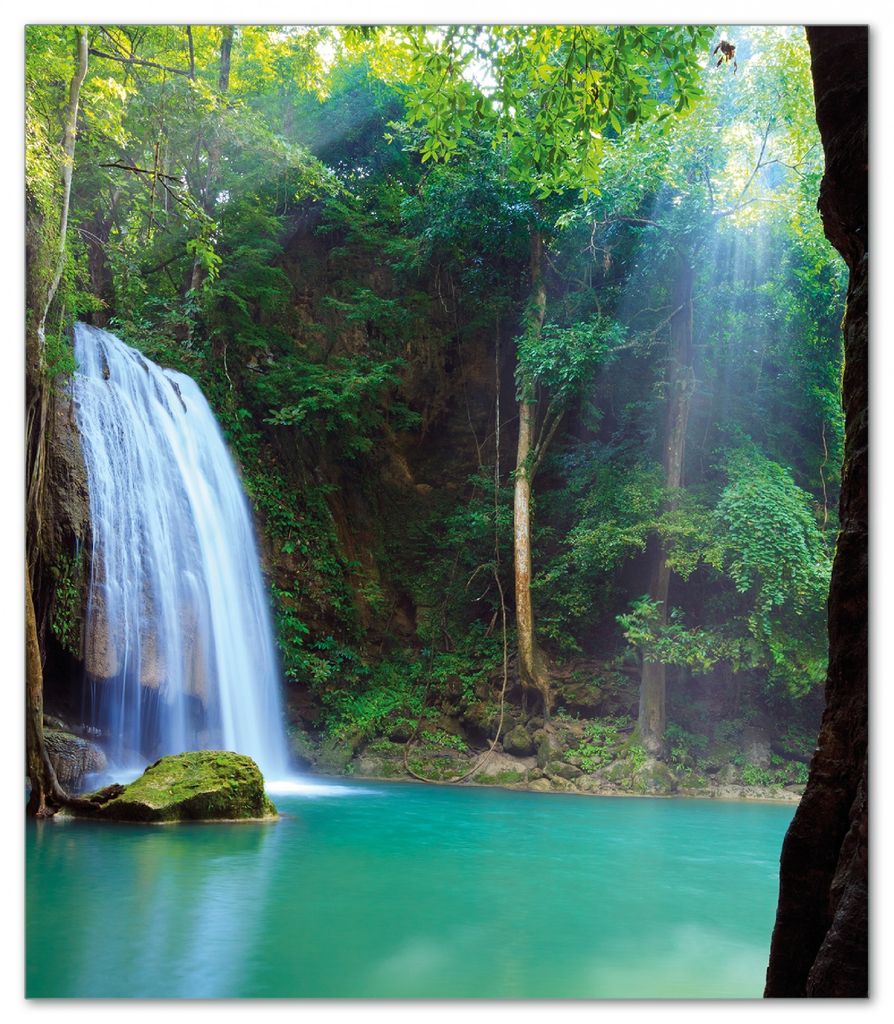 Wallario Herdabdeckplatte aus Glas, Größe 52 x 60 cm 1-teilig, Motiv Wasserfall im Wald am See Idylle in Thailand
