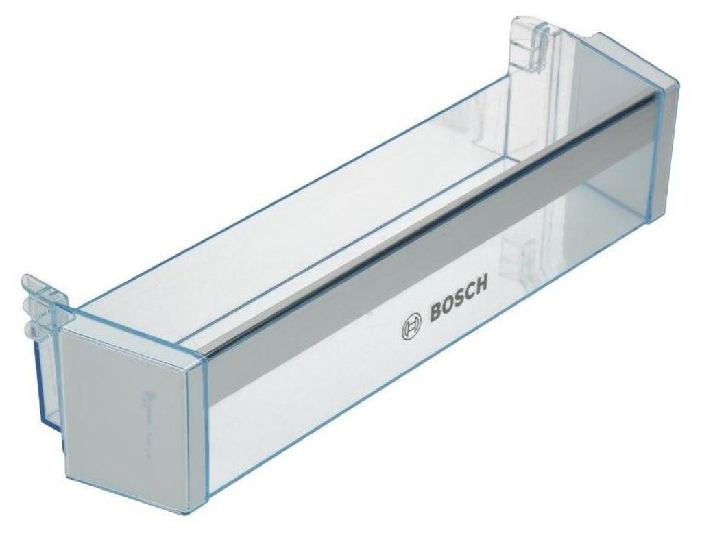 A clear, studio shot of a transparent plastic refrigerator shelf insert with blue trim.