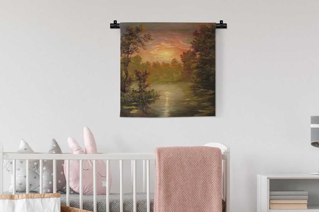 MuchoWow Wandteppich Wandbehang Herbst - Sonne - Fluss - Aquarell 60x60 cm Tapisserie Dekoration Wandtuch - Dekorationen - Wand Decke
