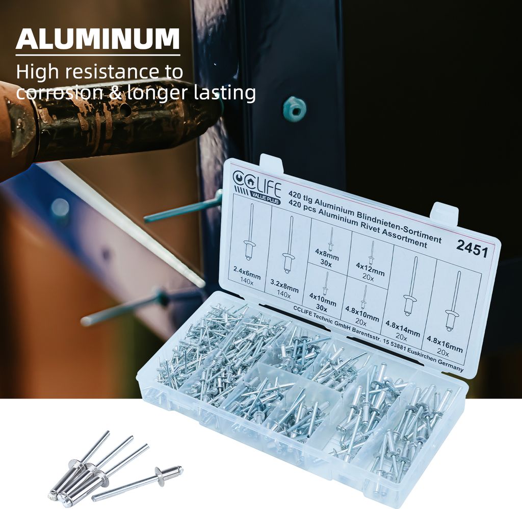 CCLIFE 420 tlg Alu Blindnieten Sortiment Popnieten Set Pop Produktbild 5