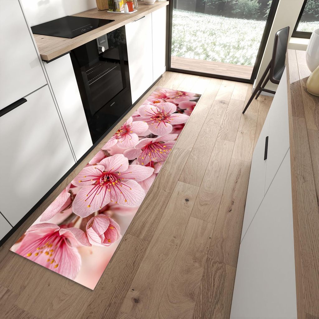 Küchenteppich 60x240cm rutschfest & abwischbar PVC Läufer - Kirschblütenzweig