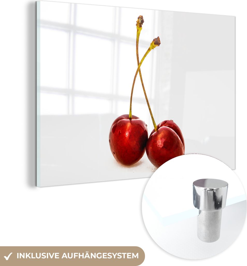 MuchoWow Glasbilder - Bilder auf Wandbild - Foto auf Glas Kirsche - Weiß - Rot 120x80 cm Wanddekoration aus Glas - Acrylglasbild - Acrylbilder - A...