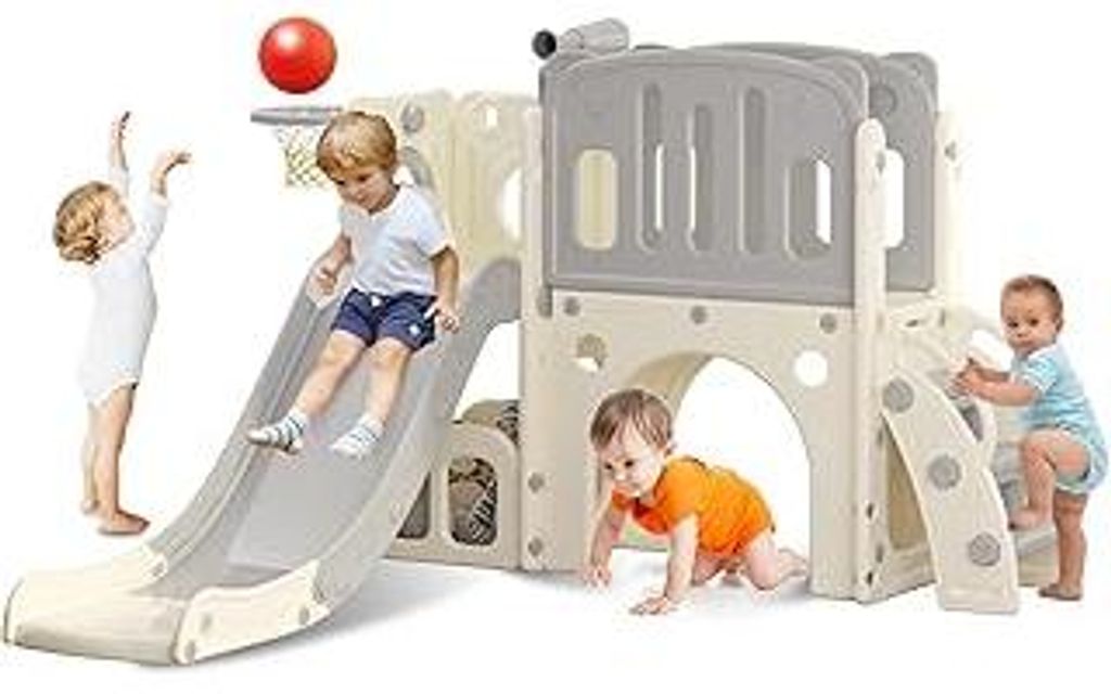 Kinder Rutsche mit Klettergerüst, Basketballkorb und Tunnel, Indoor-Kunststoffrutschenset für Kinder, Montessori-Spielzeug für den Spielplatz, Grau
