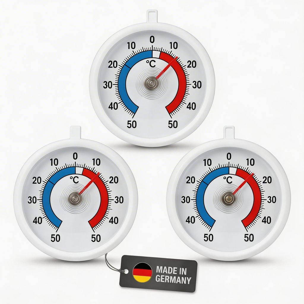 3 Stück Kühlschrankthermometer Set großes Display Ø 7cm + - 50°C Analog mit Haken zum aufhängen Kühlschrank Thermometer Gefrierschrank Kühl...