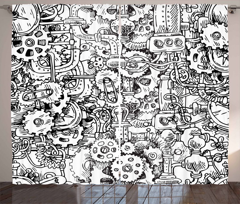 ABAKUHAUS Steampunk Rustikaler Gardine, Herstellungs-Thema, Schlafzimmer Kräuselband Vorhang mit Schlaufen und Haken, 280 x 225 cm, Weiß und Schwarz