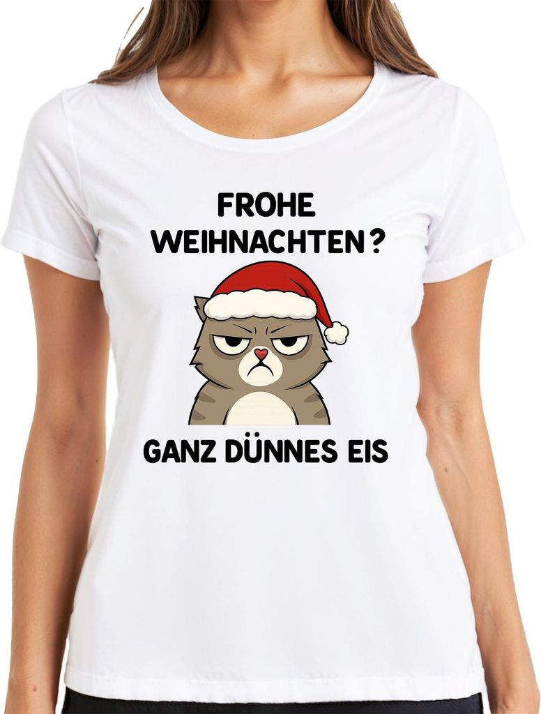 Frohe Weihnachten? Ganz Dünnes Eis Weihnachtskatze sarkastisch Damen T-Shirt, Weiß, S