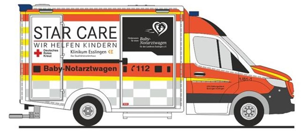 Rietze 76149 - 1/87 WAS Design-RTW ́18 Baby-Notarztwagen Esslingen - Neu