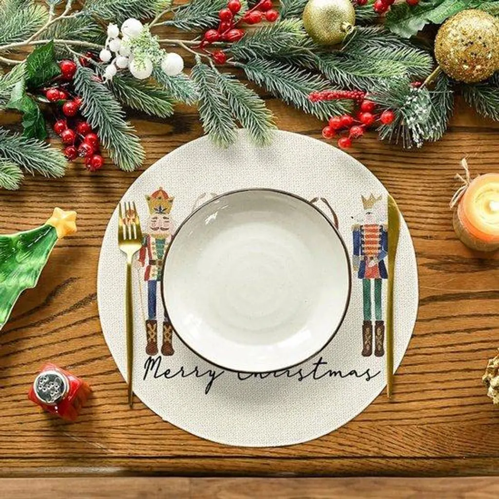 Assiette de Noël Cracker beige en polyester 37 cm - Lot de 4 pièces