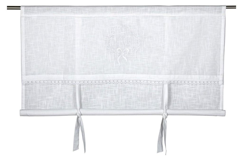 Scheibengardine Raff Gardine Raffrollo Vorhang 'Emmy' 160 x 100 cm (BxH) bestickt mit Spitze und Monogramm in Weiß aus Baumwolle