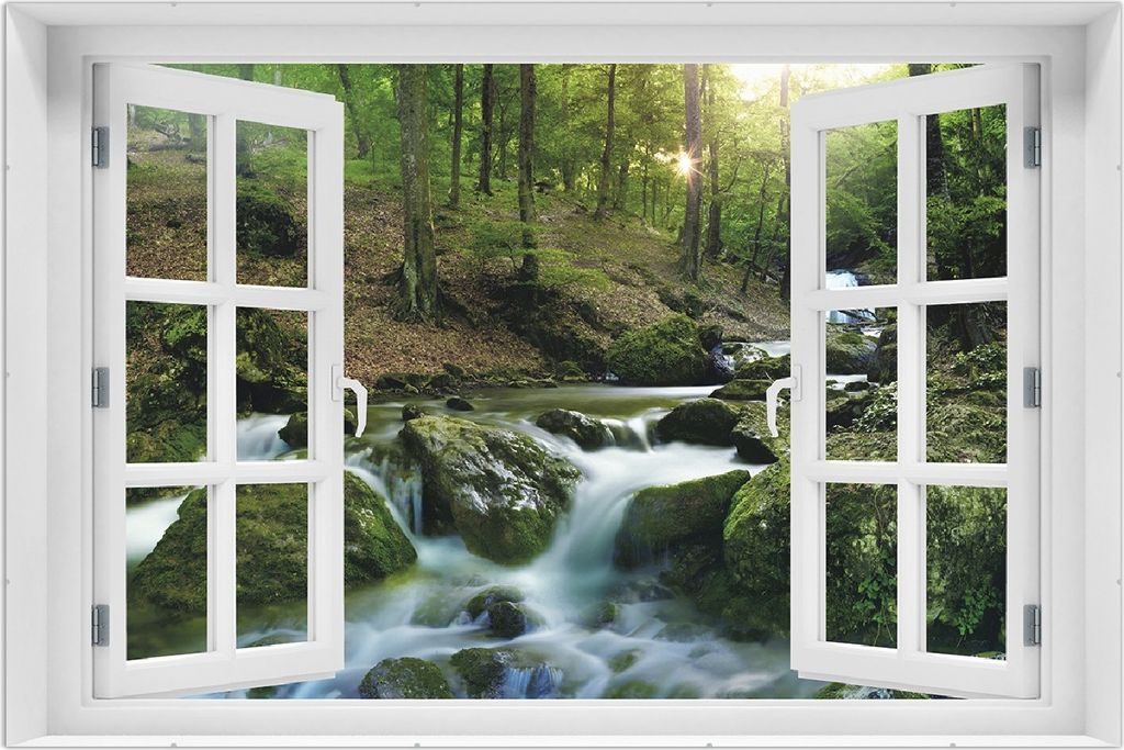 Wallario Wandbild mit Fenster-Illusion: Fließender Bach im Wald bei Sonnenuntergang, Größe: 61 x 91,5 cm, Poster mit rahmenlosen Bildhalter