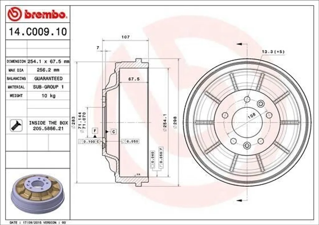 Tambour de Frein Brembo Haute Résistance 14.C009.10 Expert et Scudo