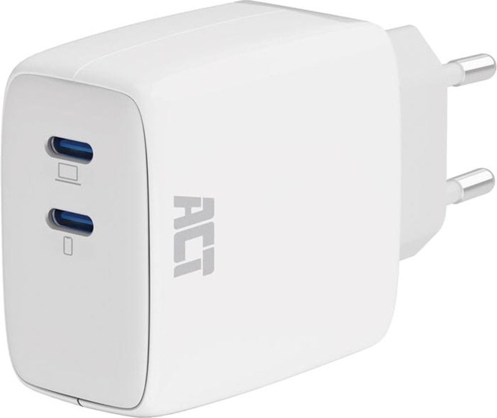 ACT Ladegerät de 2 Ports USB-C 65W, USB-C Power Delivery PPS, GaNFast Adapter USB C, ohne Cable de Ladegerät USB Stecker, iPhone, MacBook Air M1/...