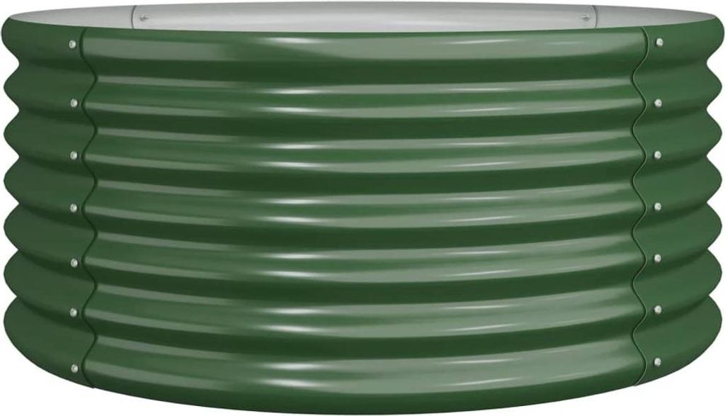 A green corrugated metal raised garden bed on a white background.