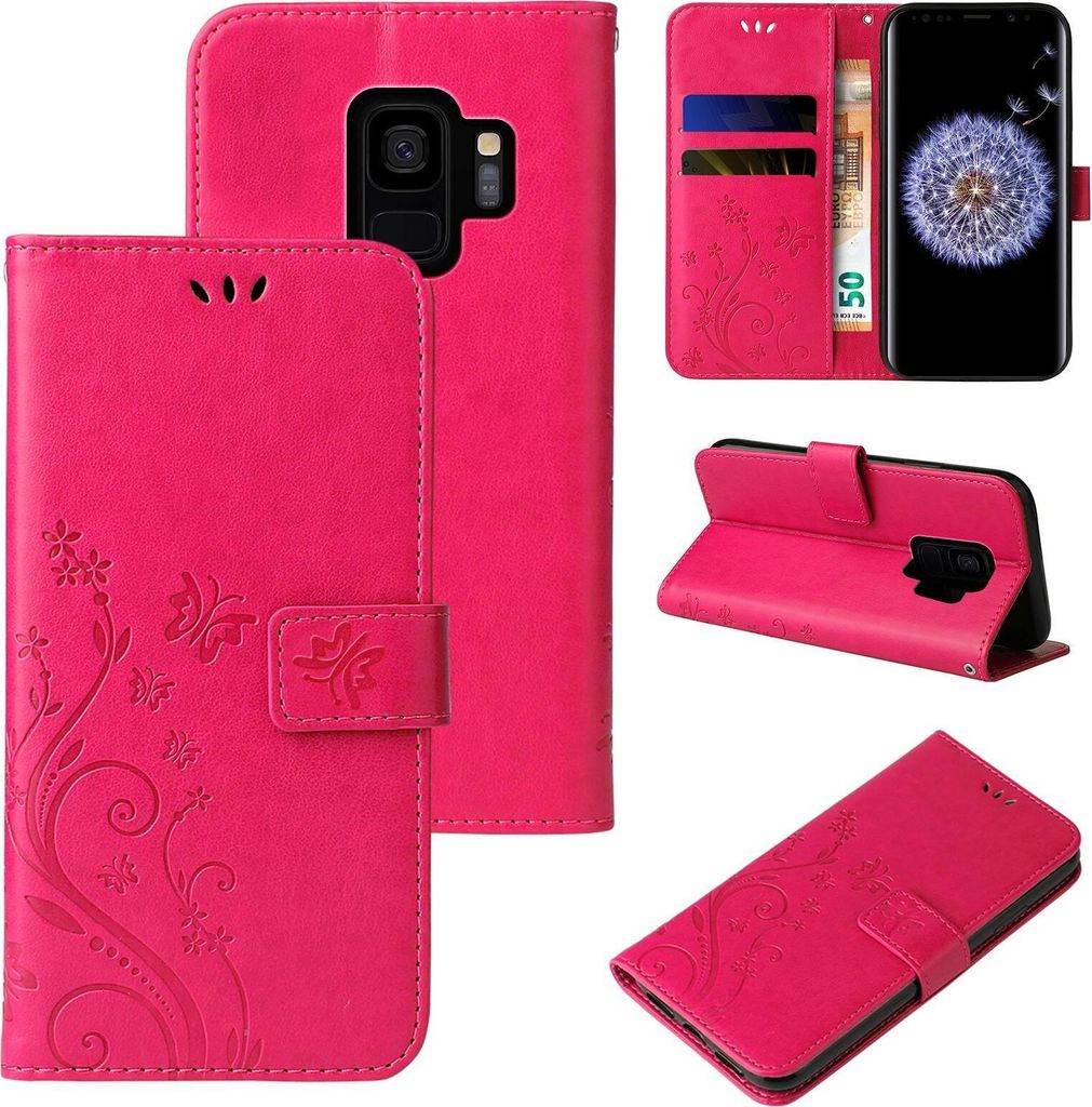 A collage of images showing a pink floral butterfly flip phone case for a Samsung Galaxy S9.
