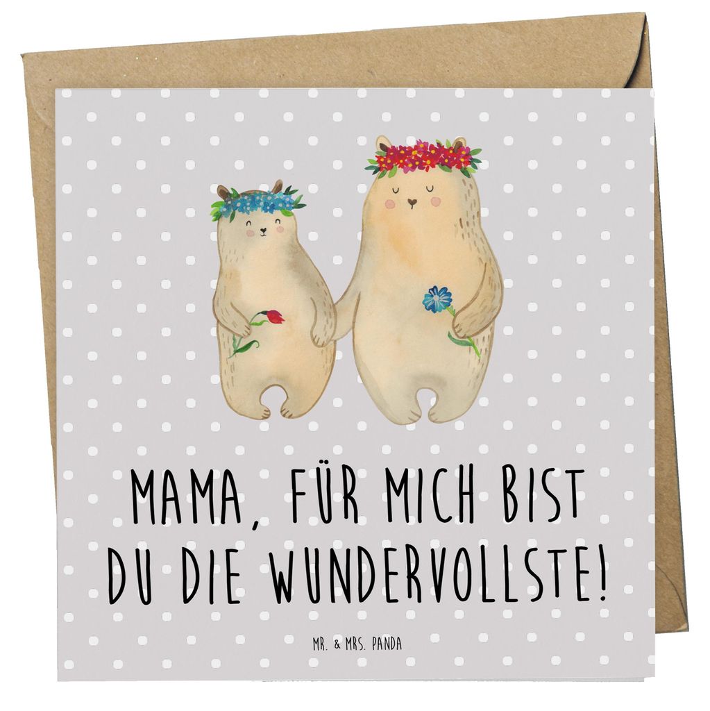 Mr. & Mrs. Panda Grußkarte Bären mit Blumenkranz - Grau Pastell - Geschenk, Glückwunschkarte, anlasskarte, faltkarte, Muttertag, Bär, Familie, ...