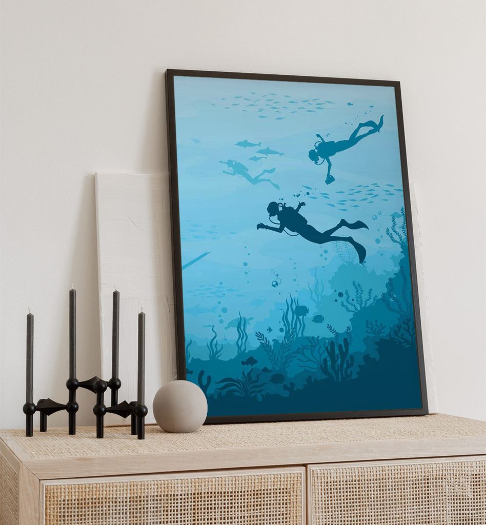 Poster Unterwasser Taucher, groesse_poster:21x30 cm, groesse_rahmen:birke 21x30 cm