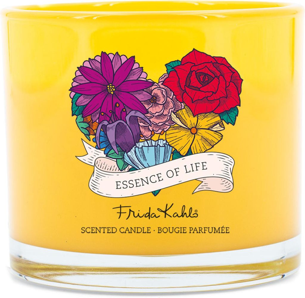 Frida Kahlo Duftkerze, "Essence of Life", Aromakerze, HxBxT: 8x9x9 cm, Glas, Naturwachs, handgefertigt, 180g, bunt