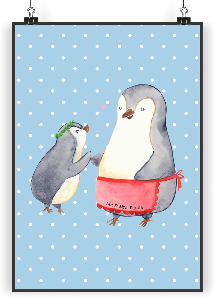 Mr. & Mrs. Panda Bild Pinguin mit Kind DIN A4 - Blau Pastell - Geschenk, Muttertag, Familie, Mama, Plakat, wanddeko, wandkunst, Mutter, Vorbild, ty...