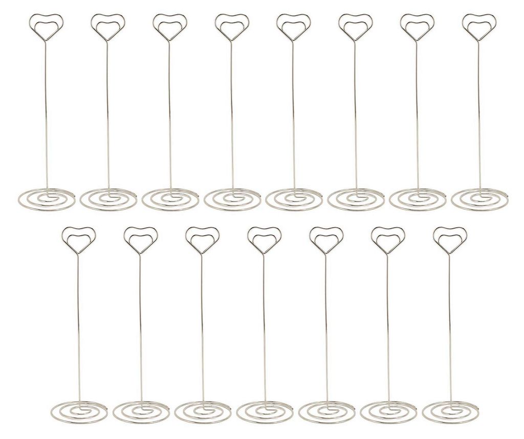 15 Stück Tischnummernhalter, 22 cm, herzförmiger Eisendraht, Bilderständer für Hochzeitsnotizen, Silber