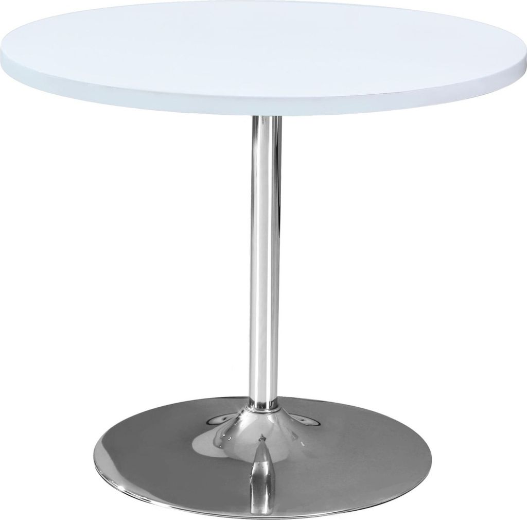 Eleganter Esstisch Daures 41, Weiß Hochglanz / Verchromt, Durchmesser 90 cm, runder Wohnzimmertisch, langlebig, edles Design