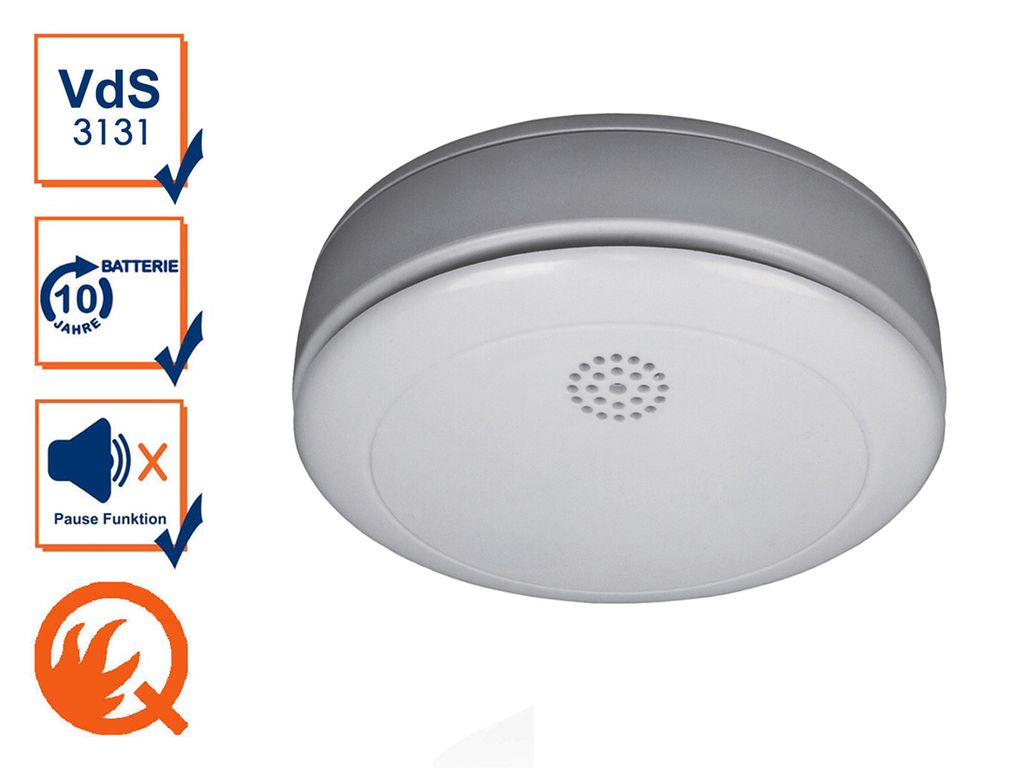 A smoke detector with accompanying informational icons.
