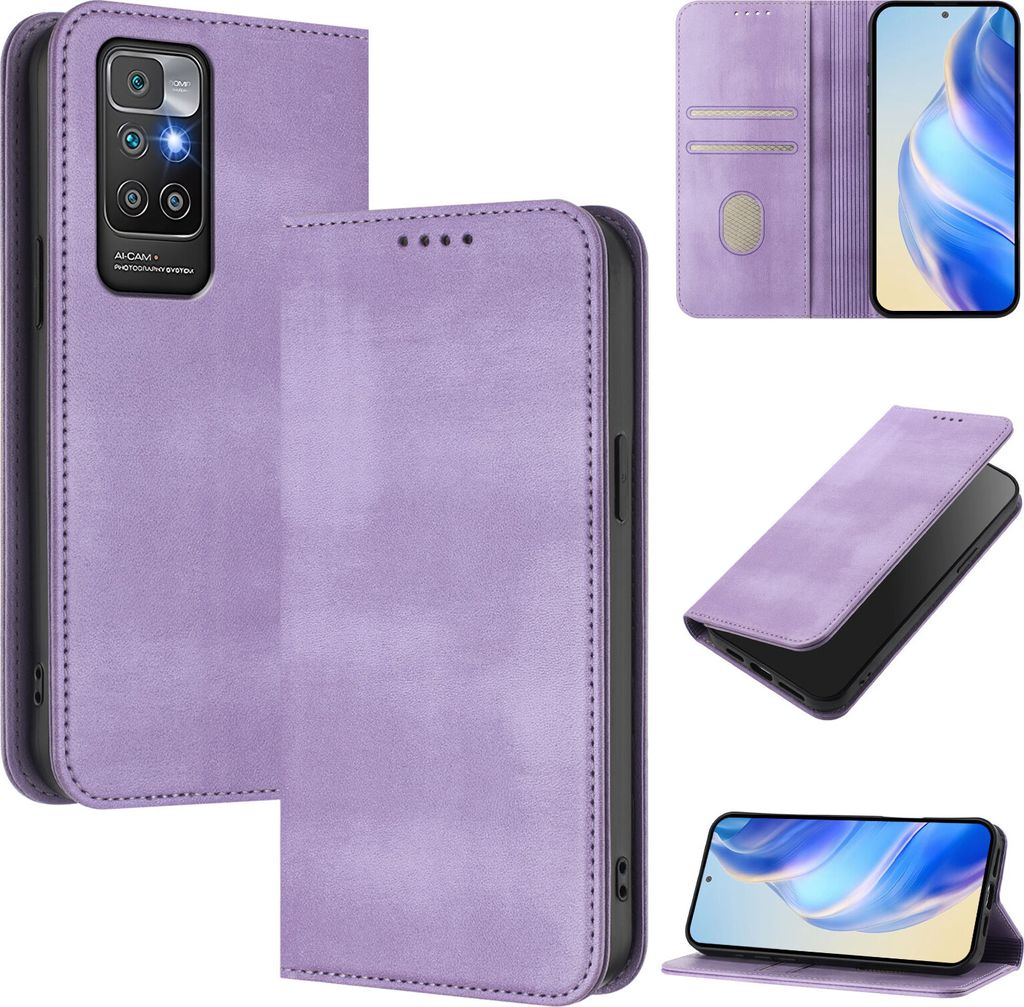 Handyhülle für Xiaomi Redmi 10, Vintage Leder RFID Schutz Kartenfach Standfunktion Magnetische Klapphülle Violett