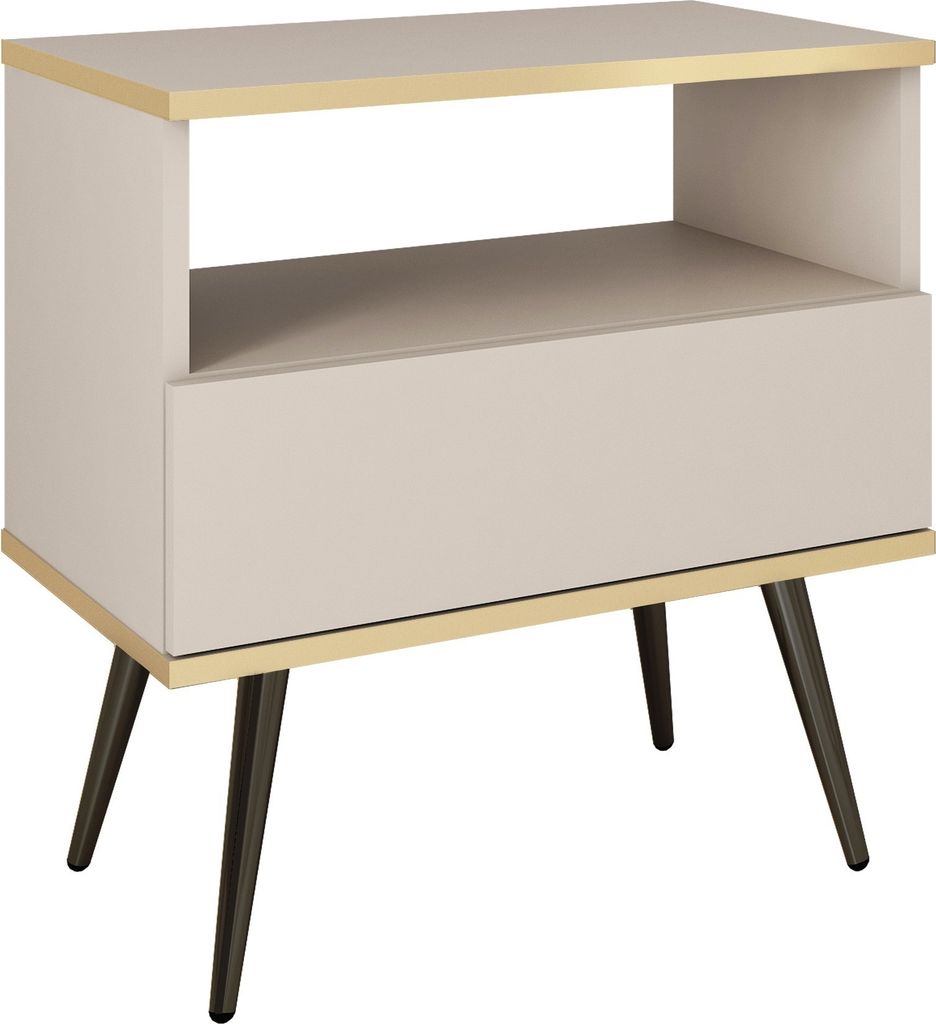 Nachttisch mit Schubladen Rodi - Nachtschrank 50 cm, Schlaffzimmer, gold Accessoires mit Beinen - Beige + Schwarz