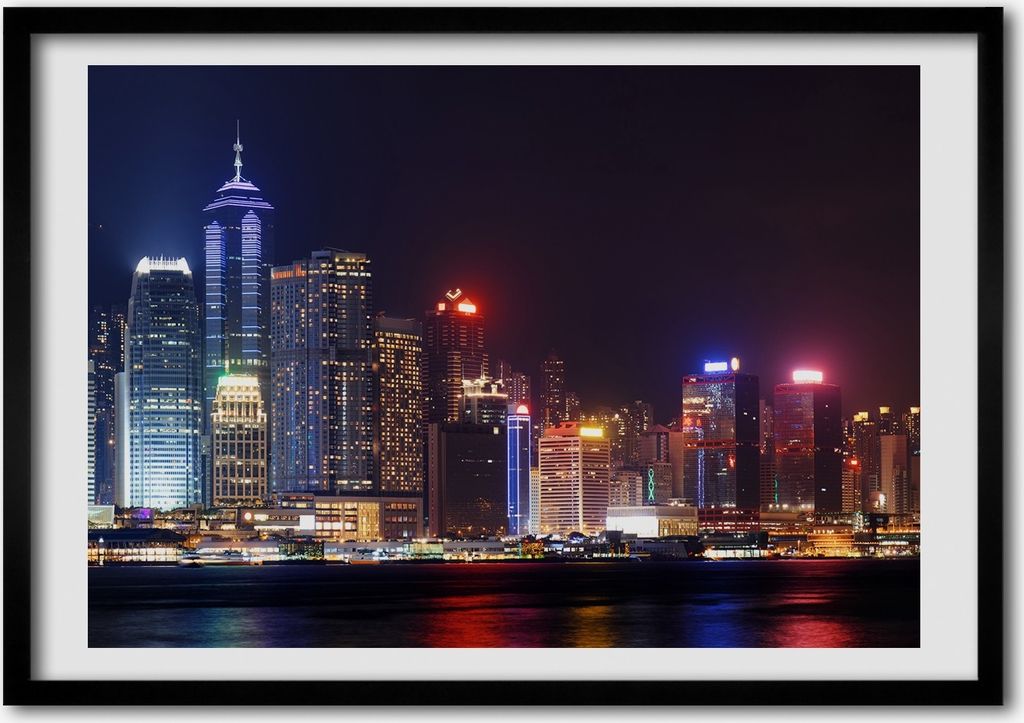 Bild - Bilderrahmen - 100 cm x 70 cm - MDF - Rahmen - Foto - Wandkunst Hong Kong in der Nacht