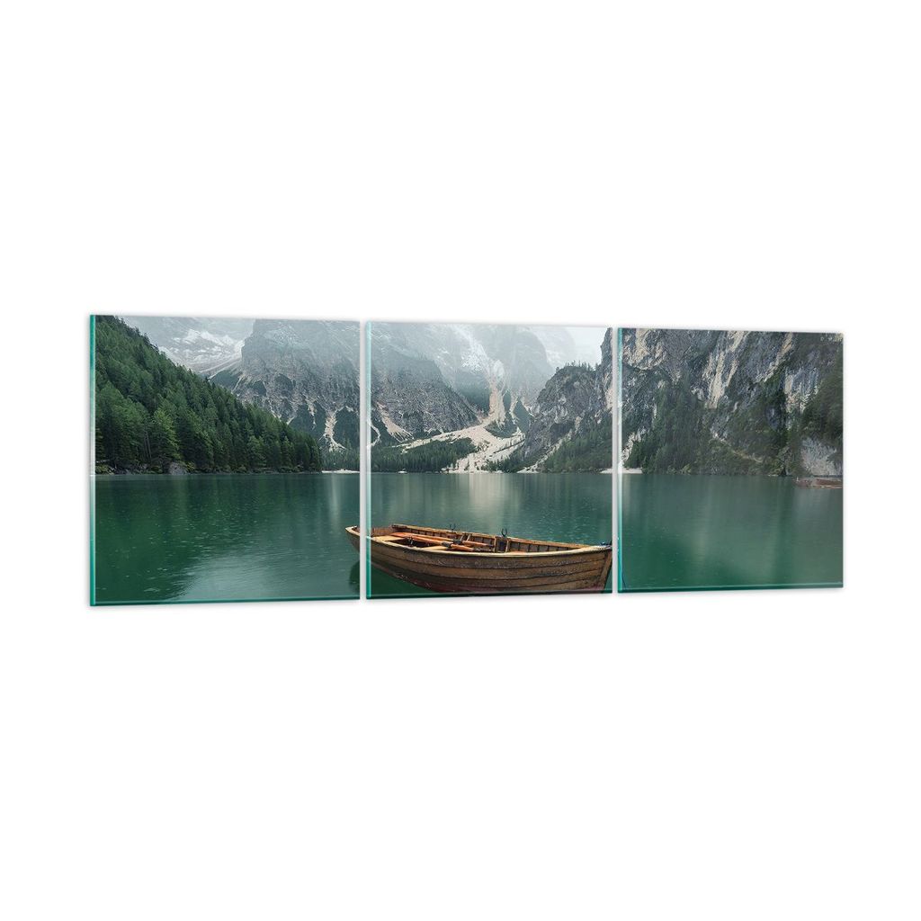Bilder auf glas - Berge See Boot - 90x30cm - Glasbilder - Wandbilder - Bilder - Kunstdruck - zum Aufhängen bereit - Wanddekoration aus Glas - Glas...