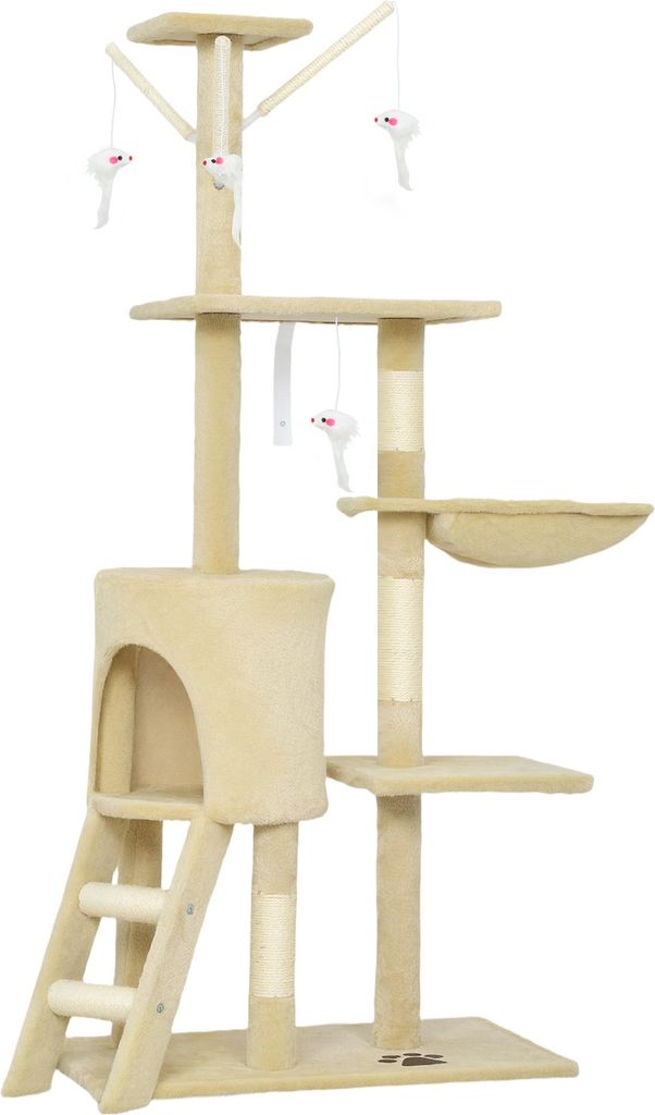 Kratzbaum Katzenbaum mit Höhle, 4 Spielzeuge, Sisalstämme, große Plattform, Treppe, für Katzen unter 5 kg, Beige