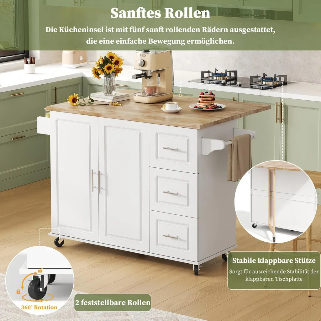 Desserte de cuisine mobile en chêne avec plateau extensible et rangements