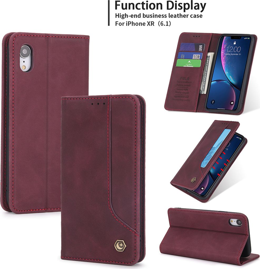 iPhone XR Hülle, LaimTop Retro Kunstledertasche Schutzhülle mit Kartenfach Standfunktion für iPhone XR Rot
