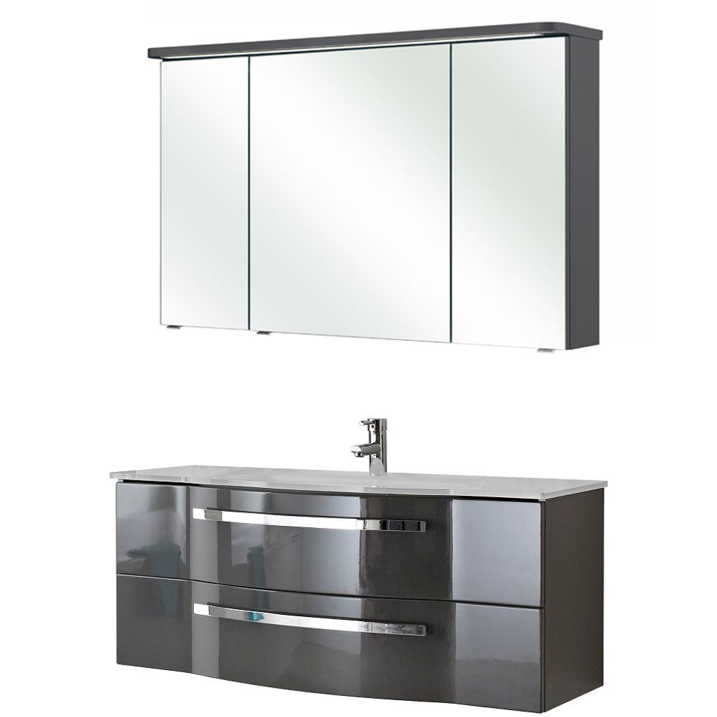 Badmöbel Waschtisch 120cm mit Glasbecken & Spiegel FES-4005-66 geschwungene Front in Quarzgrau Hochglanz lackiert - B/H/T: 122/200/49,1cm