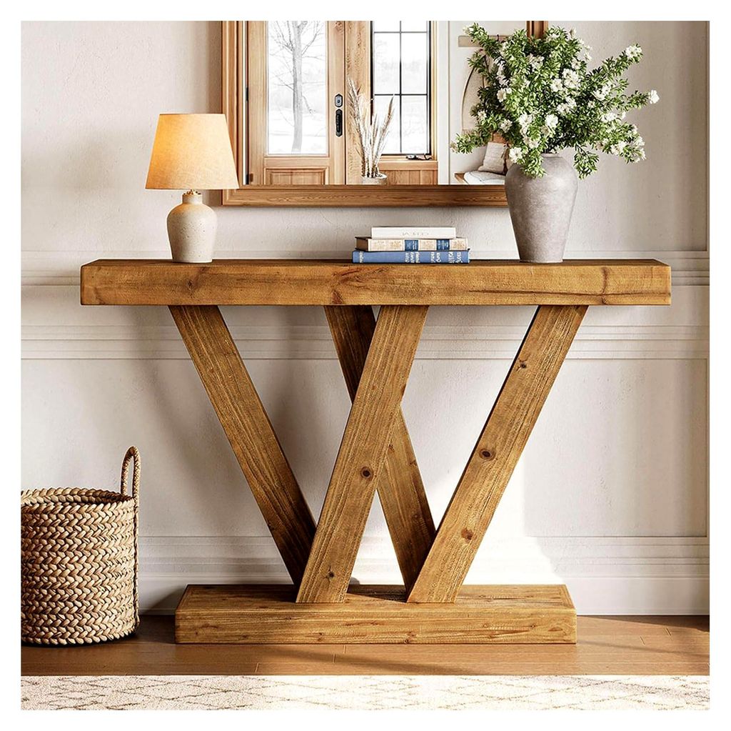 Konsolentisch aus Massivholz, 120 cm, im Landhausstil für Flur und Wohnzimmer mit doppeltem V-förmigem Untergestell
