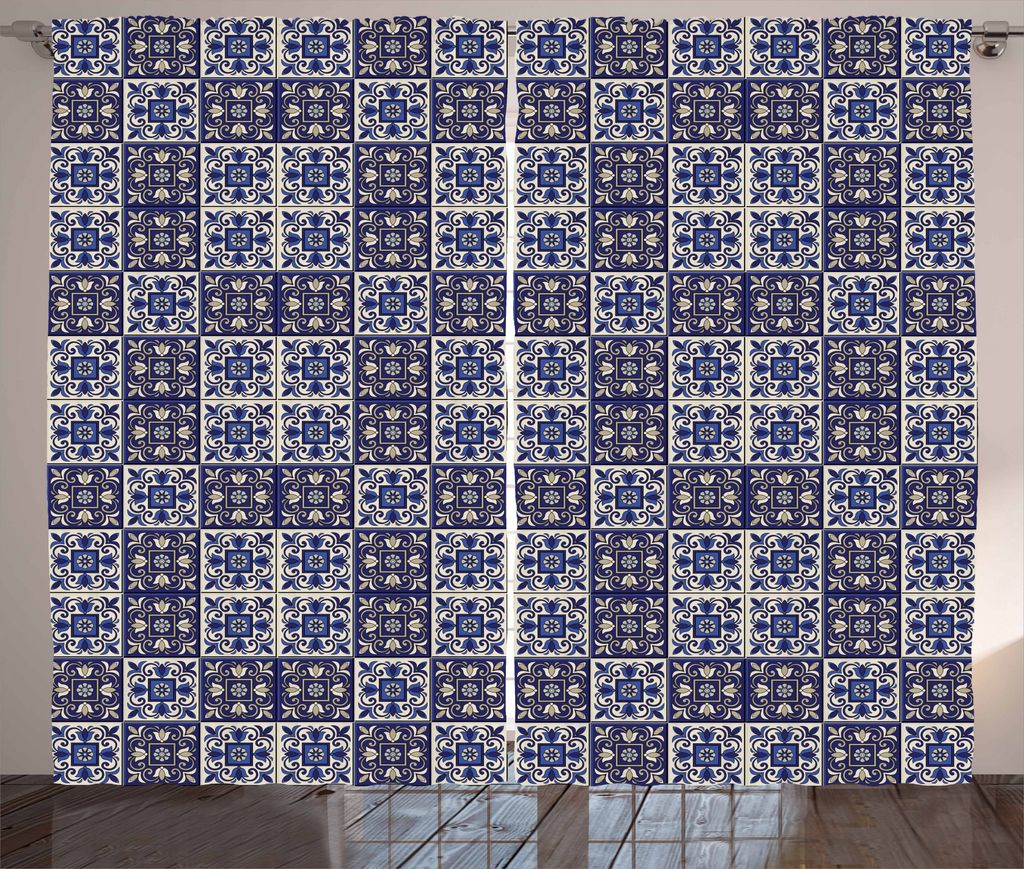 ABAKUHAUS marokkanisch Rustikaler Gardine, Squares Azulejos, Schlafzimmer Kräuselband Vorhang mit Schlaufen und Haken, 280 x 175 cm, Marineblau Beige