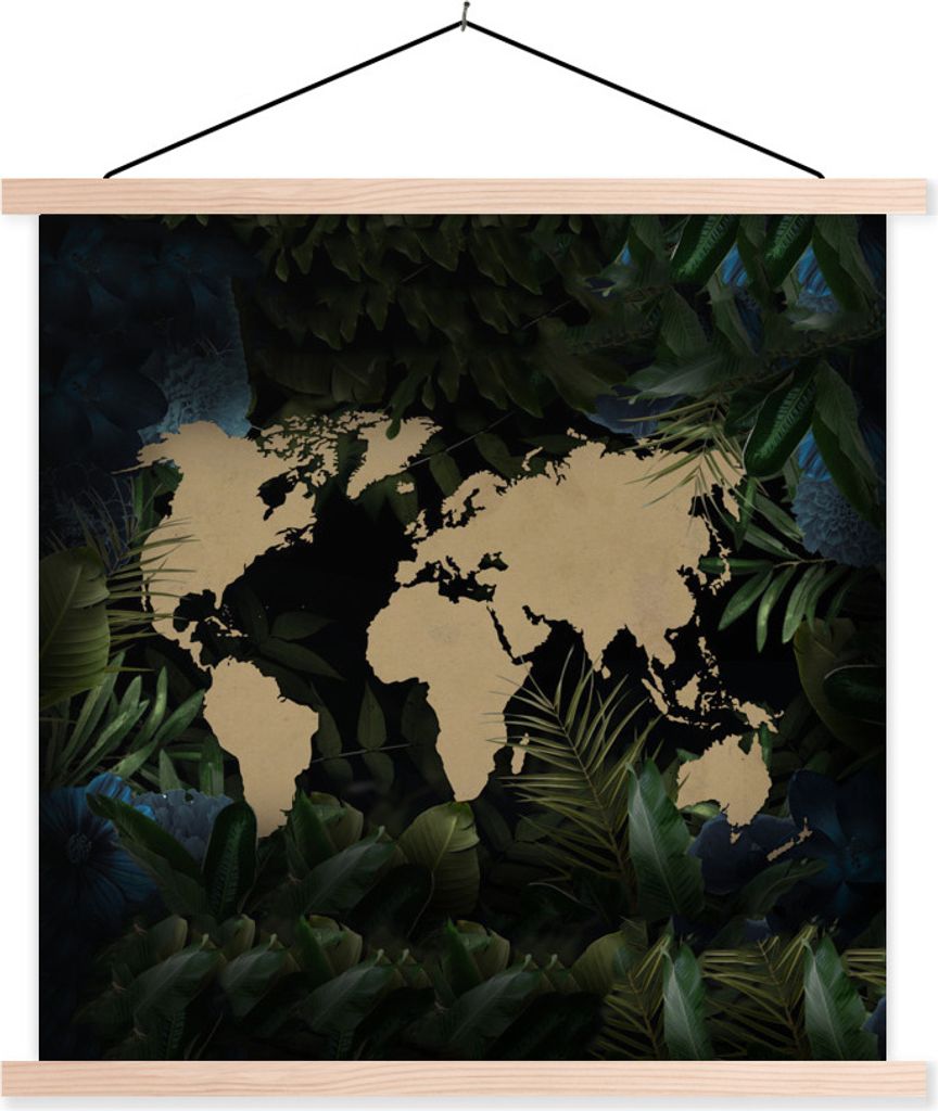 MuchoWow Textilposter Weltkarte - Pflanzen - Tropisch 40x40 cm mit holzfarbenen Rahmen - Posterleiste