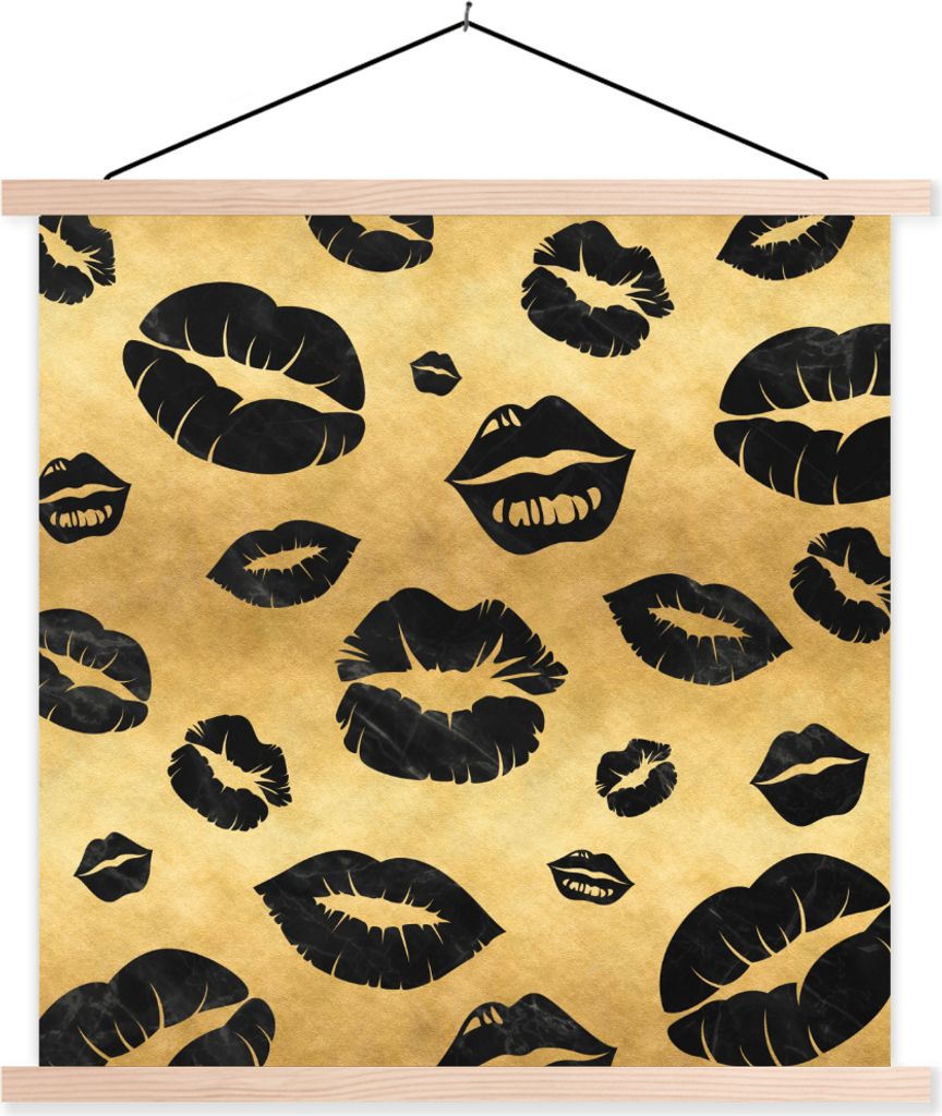 MuchoWow Textilposter Muster - Kuss - Gold - Schwarz 40x40 cm mit holzfarbenen Rahmen - Posterleiste