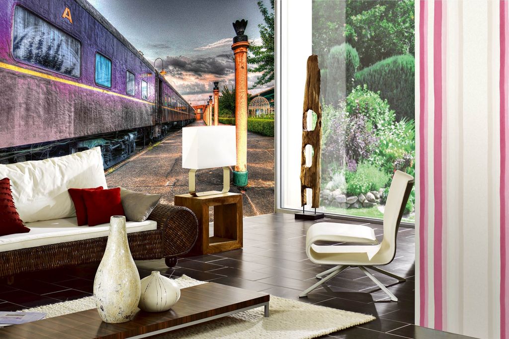 Vlies Fototapete LILA ZUG AM BAHNHOF 375 x 250 cm (inkl. Kleister) - Vlies Tapete, Wandtapete, Wandbilder - Tapete für Wohnzimmer Schlafzimmer, B...