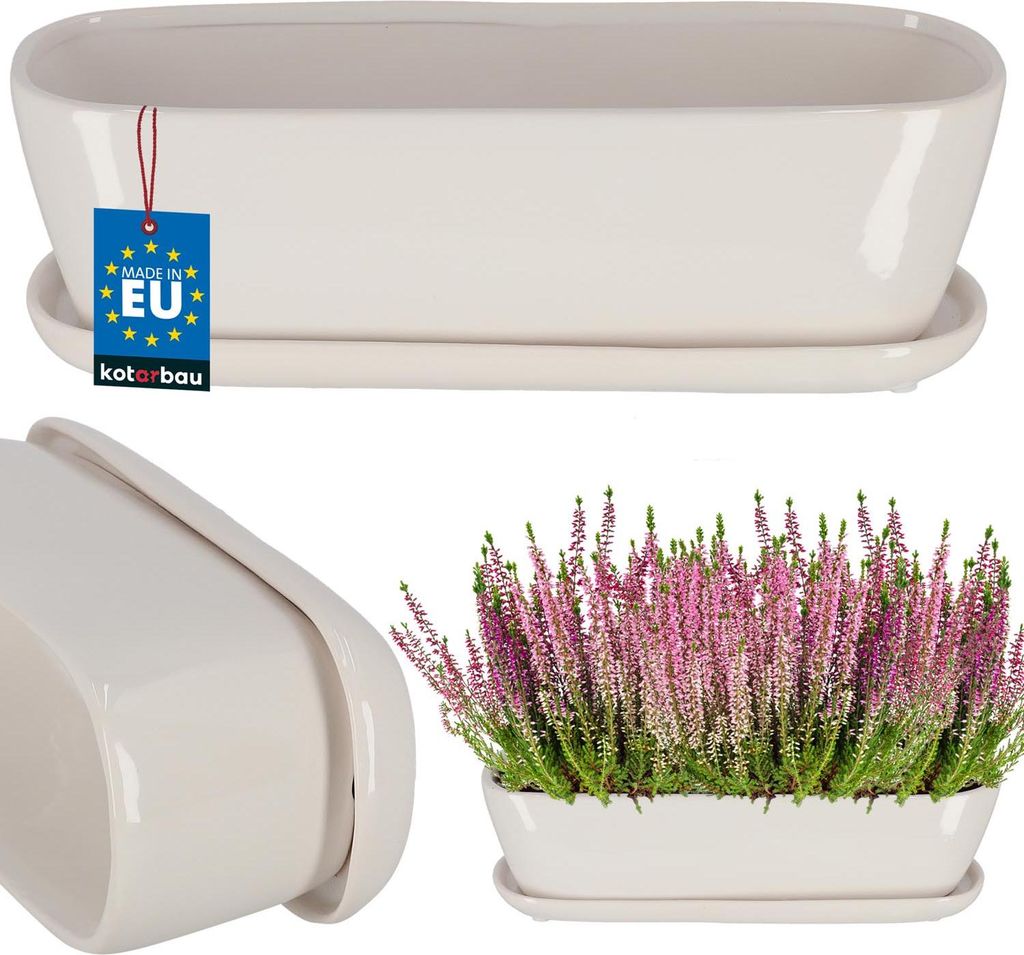 KOTARBAU Keramik Blumenkasten mit Untersetzer 32x10,5x11cm Weiß Pflanzkübel Blumenkasten Pflanzentopf Übertopf Blumenkasten Balkon Pflanze Tö...