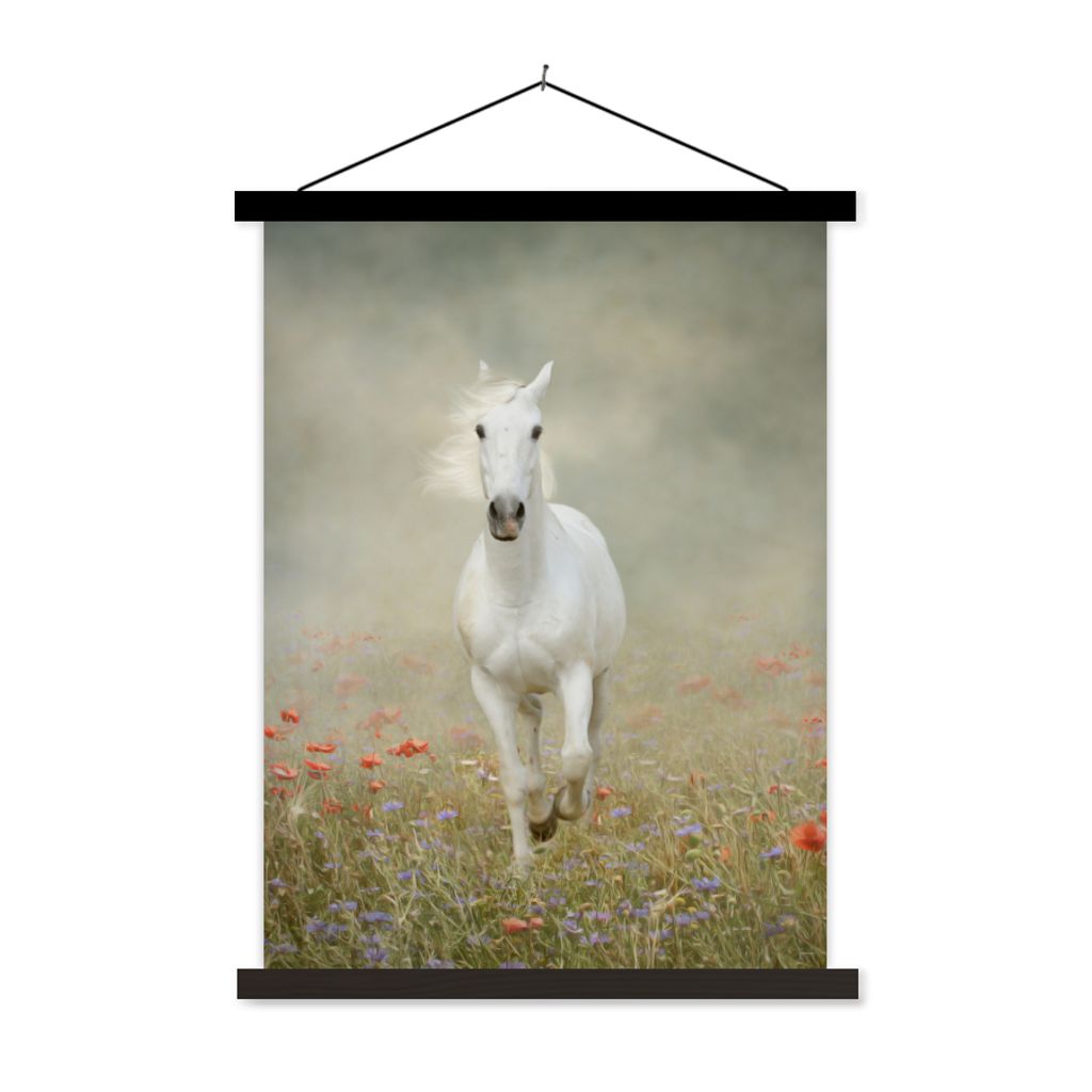 MuchoWow Textilposter Pferd - Stoff - Blumen 60x80 cm mit schwarzem Rahmen - Plakathalter