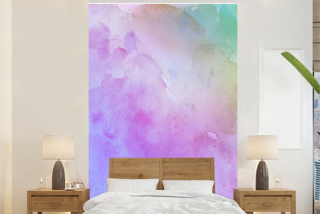 MuchoWow Fototapete für Wohnzimmer oder Schlafzimmer Wandtapete Vinyl Motivtapete Aquarell - Pastell - Gelb - Violett - 180x280 cm - Wallpaper