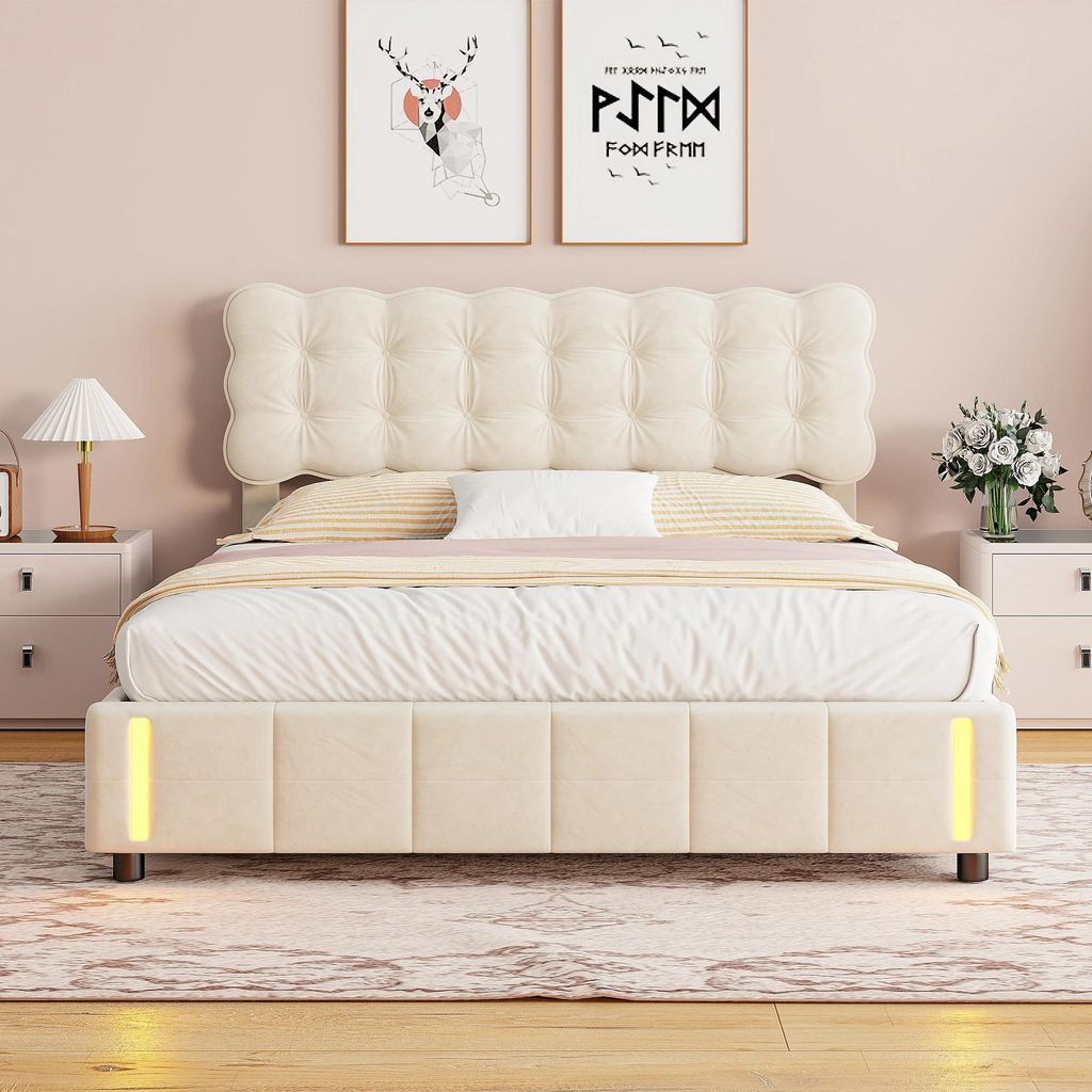 Polsterbett mit Stauraum - Bettgestell 140x200 cm - Samt - LED-Stimmungslicht - Metallrahmen - Beige - Ohne Matratze