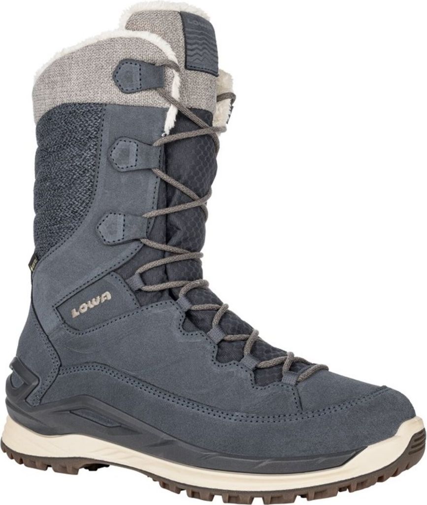 A single blue and gray winter boot for women.