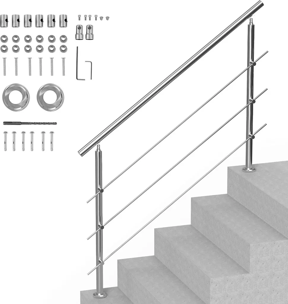 Main courante d'escalier en inox brossé 150cm à 3 barres horizontales
