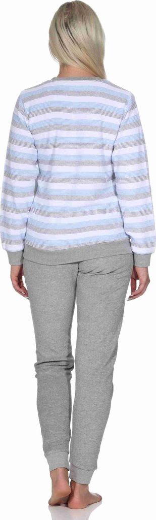 Damen Frottee Schlafanzug langarm mit Bündchen - Streifenoptik - auch in Übergrössen ; hellblau , 40