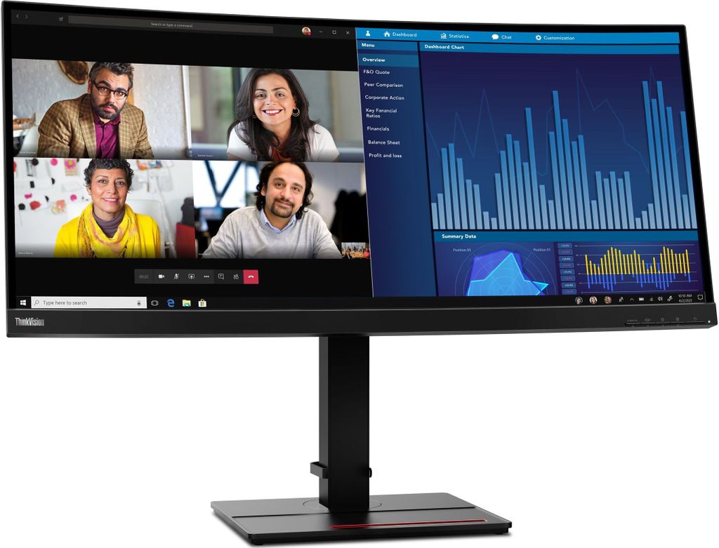 A computer monitor displaying a video conference and data charts.